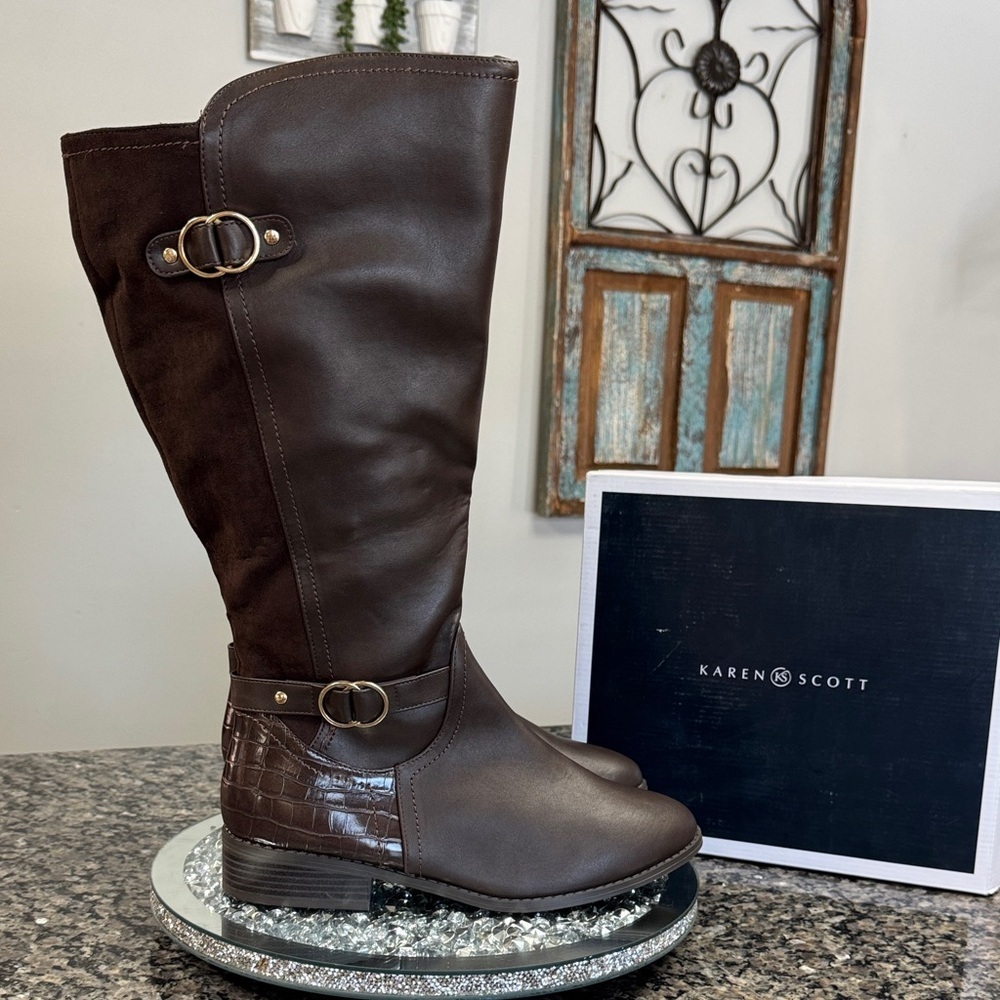 Karen Scott dark Brown Knee-High Boots croc heel with Gold Buckles NEW 12W /XWC